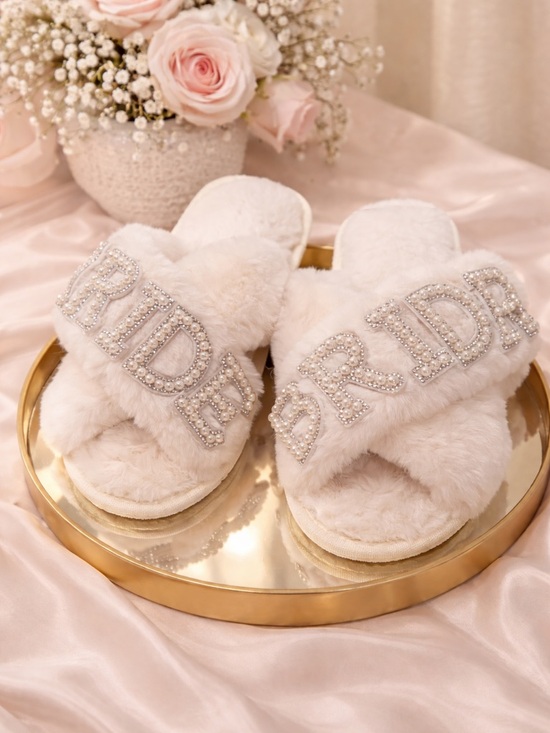 Amazon Shoes - BRIDE Plush Crystal Lettered Slippers - Ivory